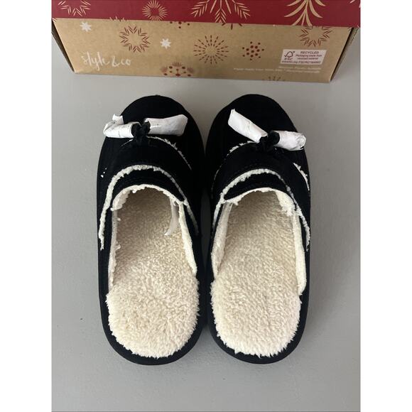 Style & Co Leather and Faux Fur Slippers Womens 7 Black Slip On Slides Cushioned - Picture 3 of 8